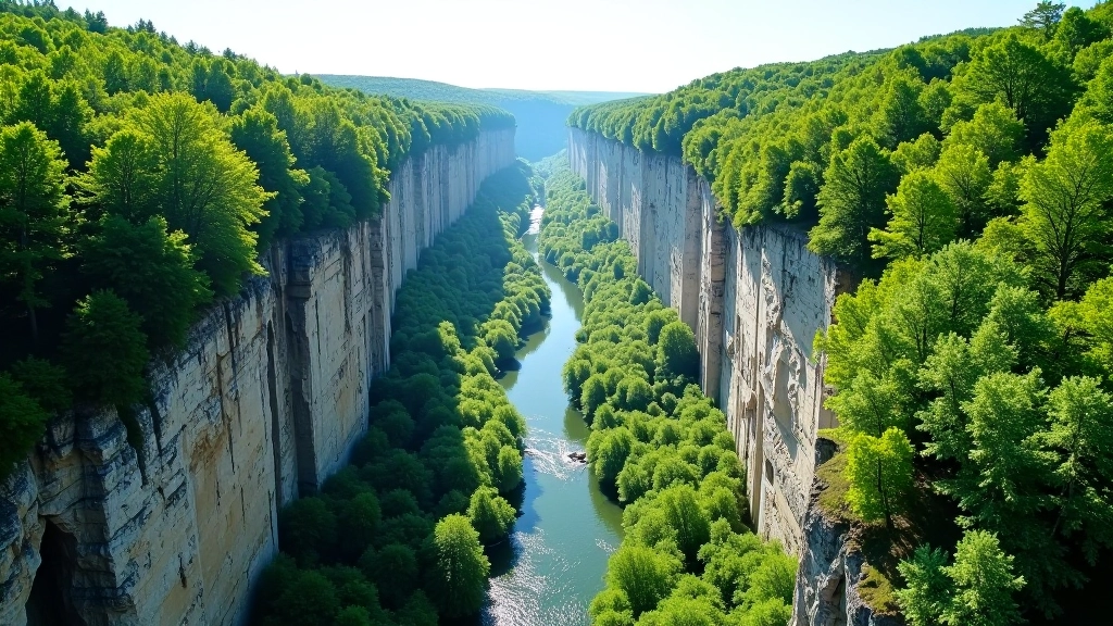 Aerial view of Divoká Šárka Valley showing forested slopes and rocky cliffs surrounding a river valley