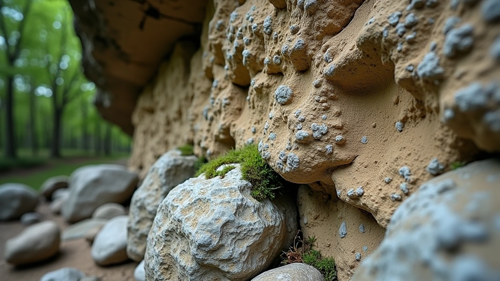 Close-up detail of rocky cliff face and moss-covered boulders in Divoská Šárka Valley showing geological formations
