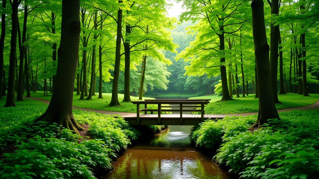 Lush green forest with small stream and wooden footbridge over water