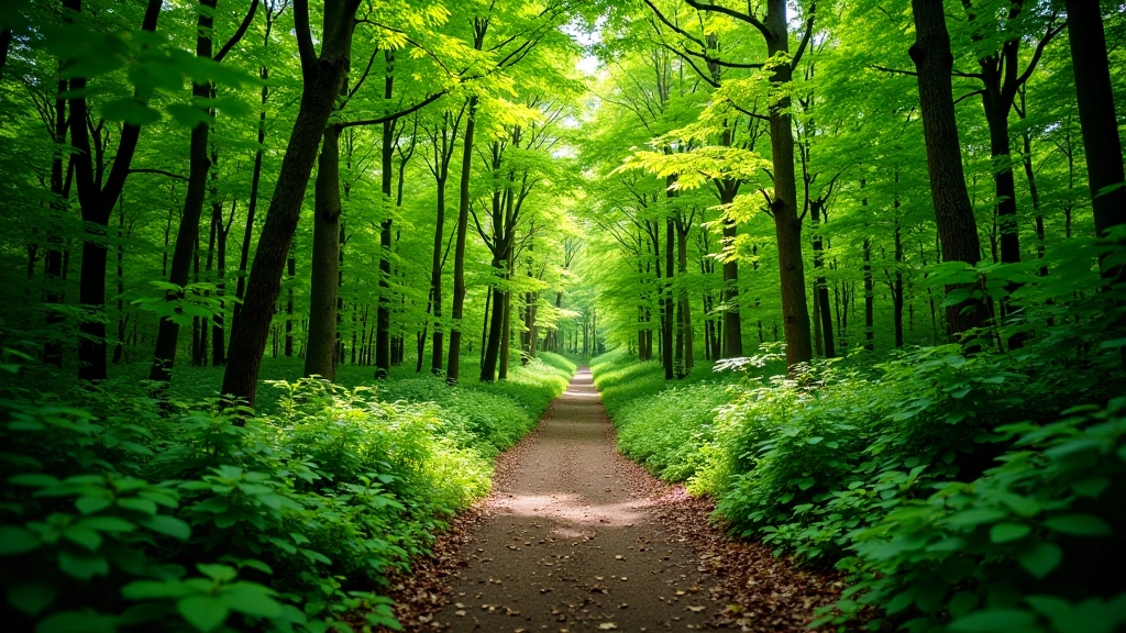 Forest trail winding through dense deciduous woodland with dappled sunlight filtering through tree canopy