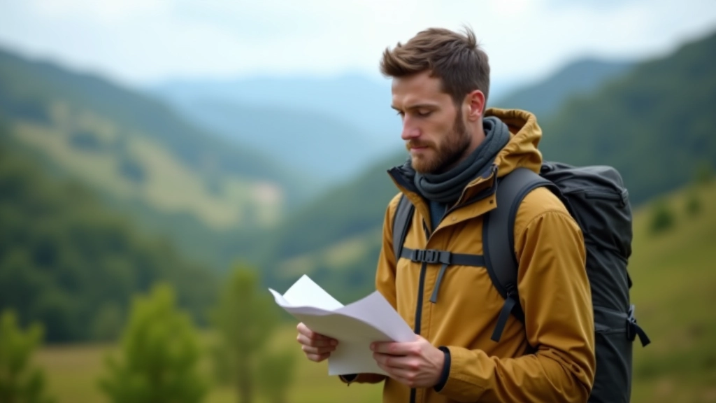 Hiker on marked trail looking at topographic map with valley landscape in background