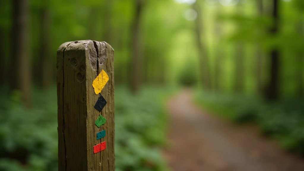 Stone hiking trail marker post with directional arrows in landscape, showing traditional Czech trail marking system