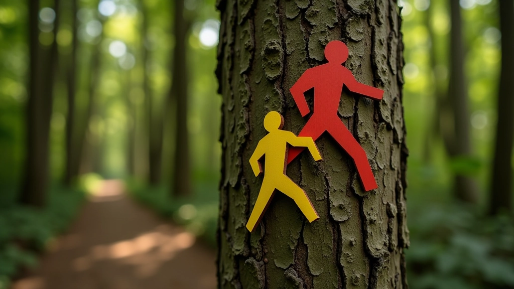 Close-up of red and yellow trail markers painted on beech tree trunk with forest background