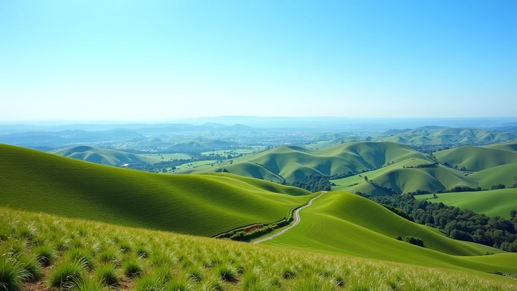 Panoramic view from Pálava ridge showing rolling vineyard landscape and distant mountains under clear sky