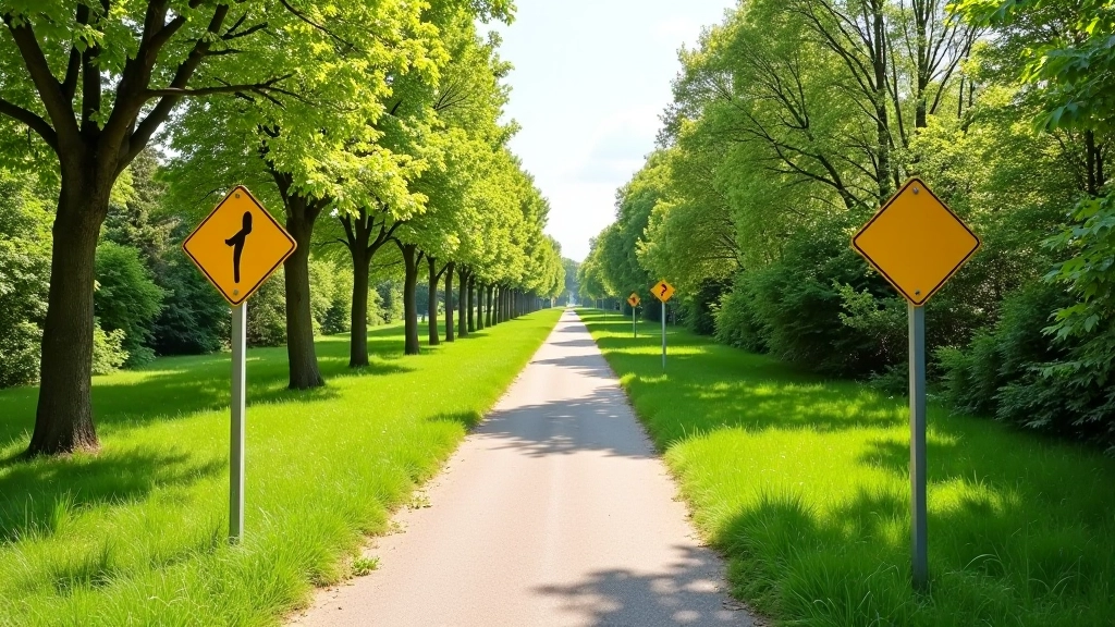 Park pathway with directional signs, walking trail markers, and green vegetation on both sides