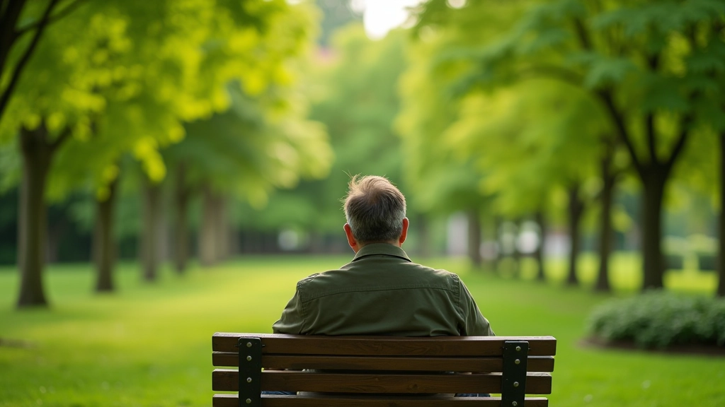 Person sitting on park bench surrounded by trees and gardens, peaceful park setting