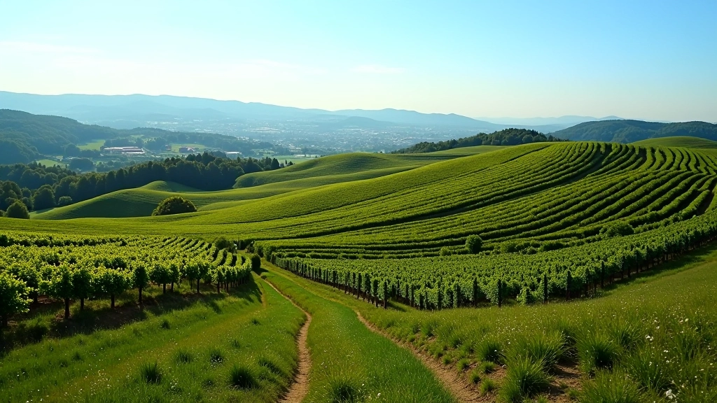 Rolling hills landscape with vineyard terraces and walking paths under blue sky