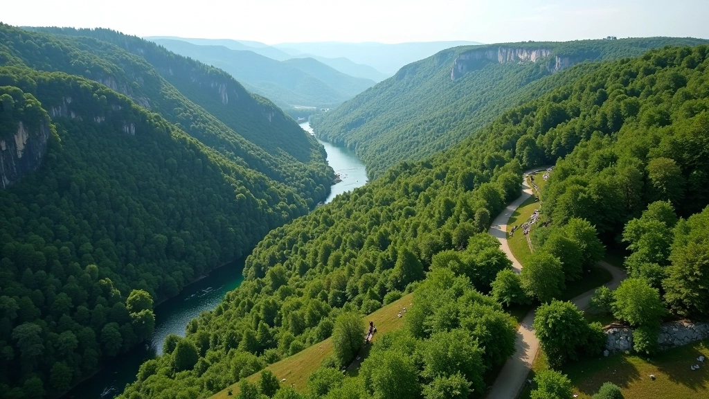 Aerial view of a scenic valley with marked hiking trails winding through forested terrain