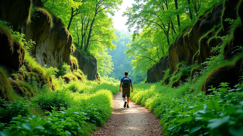 Hiking trail through green valley with rocky cliff formations and trees