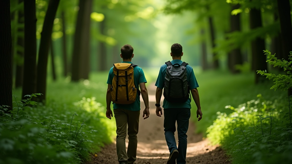 Hikers with backpacks walking on forest trail, green vegetation on both sides