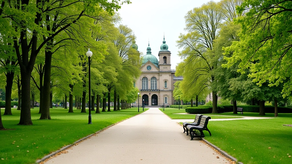 City park with walking paths, green lawns, benches, and historic buildings in background