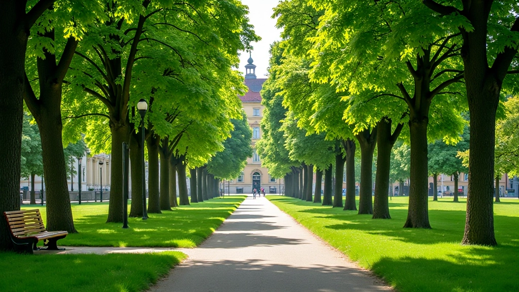 Green park with walking pathways, mature trees, and historic architecture visible beyond the park boundary
