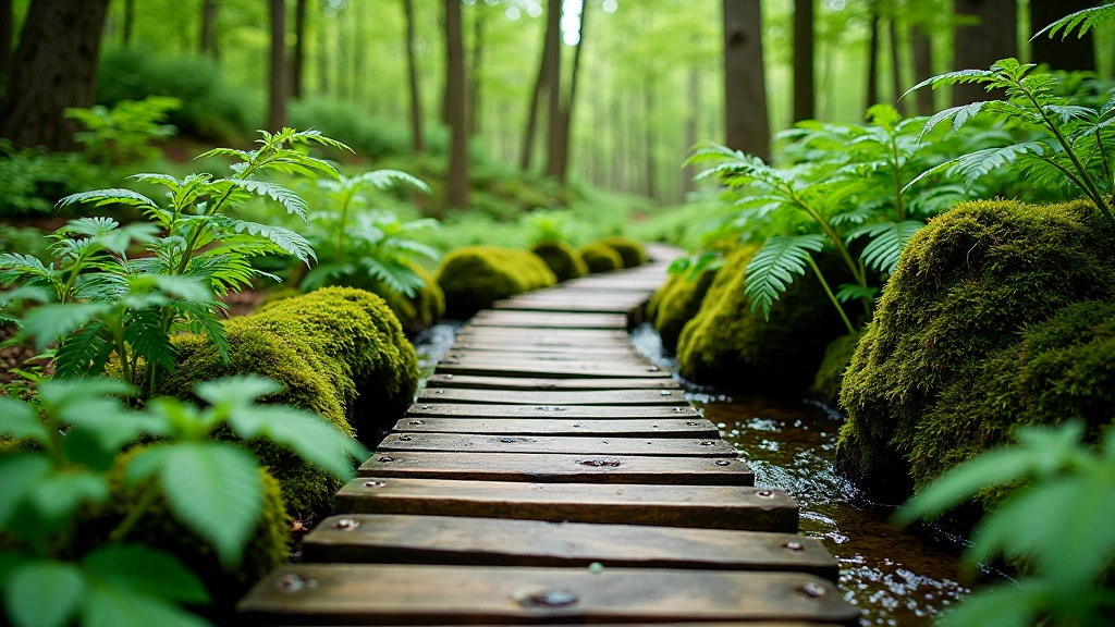 Wooden trail bridge crossing small stream in beech forest with green ferns and rocks